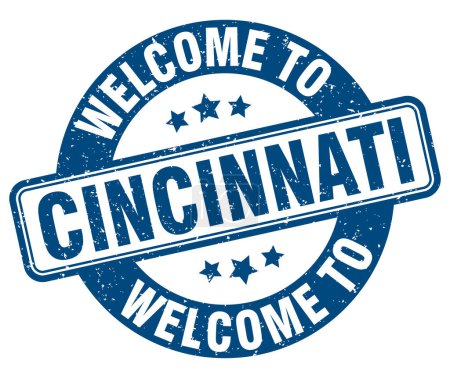 Téléchargez les illustrations : Bienvenue à Cincinnati timbre. Cincinnati panneau rond isolé sur fond blanc - en licence libre de droit