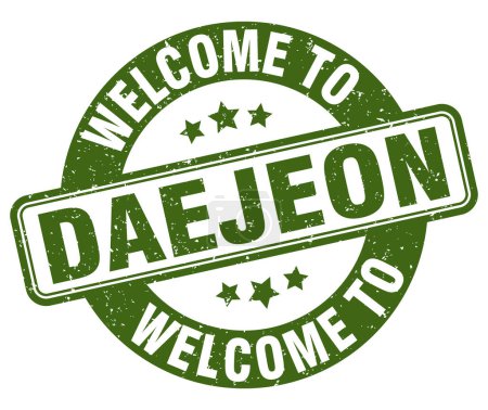 Willkommen auf der Briefmarke Daejeon. Daejeon rundes Schild isoliert auf weißem Hintergrund