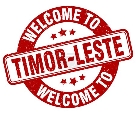 Willkommen auf der Briefmarke Timor-Leste. Timor-Leste Rundschild isoliert auf weißem Hintergrund