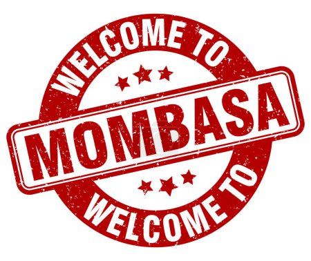 Willkommen auf der Briefmarke Mombasa. Mombasa rundes Schild isoliert auf weißem Hintergrund
