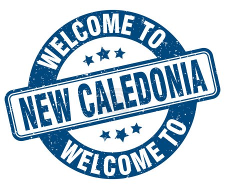 Willkommen auf der Briefmarke Neukaledonien. Neues Kaledonien rundes Schild isoliert auf weißem Hintergrund