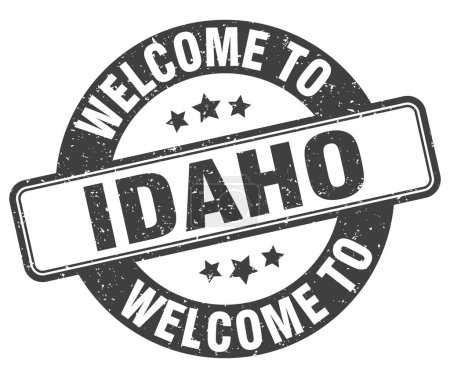 Willkommen auf der Briefmarke von Idaho. Idaho rundes Schild isoliert auf weißem Hintergrund