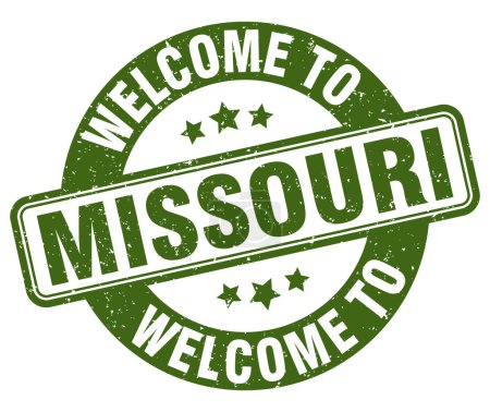 Willkommen bei der Briefmarke Missouri. Missouri rundes Schild isoliert auf weißem Hintergrund
