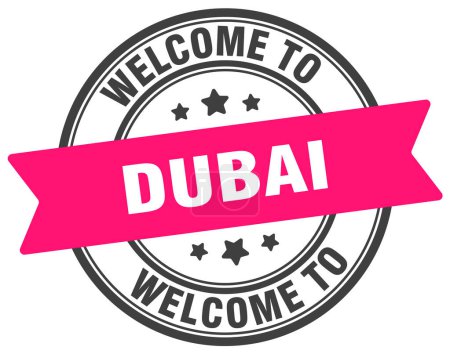 Willkommen bei der Briefmarke Dubai. Dubai rundes Schild isoliert auf weißem Hintergrund