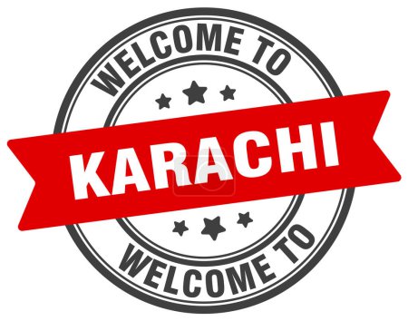 Téléchargez les illustrations : Bienvenue au timbre Karachi. Karachi panneau rond isolé sur fond blanc - en licence libre de droit