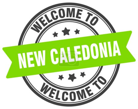 Willkommen auf der Briefmarke Neukaledonien. Neues Kaledonien rundes Schild isoliert auf weißem Hintergrund