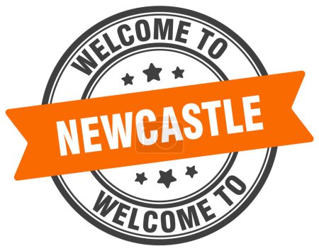 Téléchargez les illustrations : Bienvenue à Newcastle Timbre. Newcastle panneau rond isolé sur fond blanc - en licence libre de droit