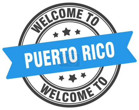 Willkommen auf der Briefmarke Puerto Rico. Puerto Rico rundes Schild isoliert auf weißem Hintergrund