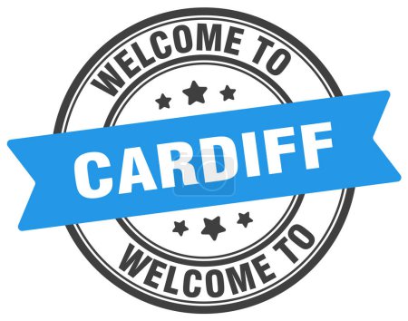 Willkommen auf der Briefmarke von Cardiff. Cardiff rundes Schild isoliert auf weißem Hintergrund