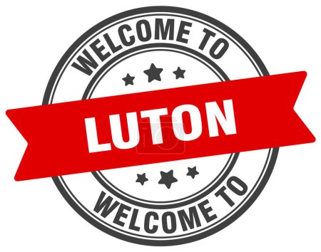 Téléchargez les illustrations : Bienvenue à Luton Timbre. Panneau rond Luton isolé sur fond blanc - en licence libre de droit