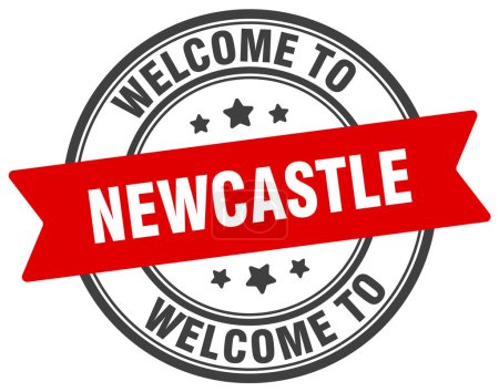Téléchargez les illustrations : Bienvenue à Newcastle Timbre. Newcastle panneau rond isolé sur fond blanc - en licence libre de droit