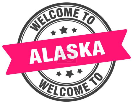 Willkommen auf der Briefmarke Alaska. Alaska rundes Schild isoliert auf weißem Hintergrund