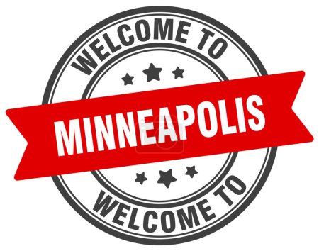 Bienvenue au timbre de Minneapolis. Minneapolis panneau rond isolé sur fond blanc