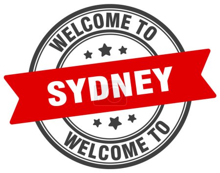 Téléchargez les illustrations : Bienvenue à Sydney Timbre. Sydney panneau rond isolé sur fond blanc - en licence libre de droit