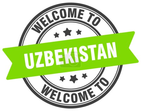 Téléchargez les illustrations : Bienvenue au timbre d'Ouzbékistan. Ouzbékistan panneau rond isolé sur fond blanc - en licence libre de droit