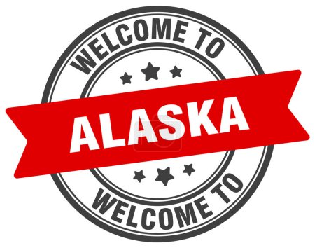 Téléchargez les illustrations : Bienvenue à Alaska Timbre. Alaska panneau rond isolé sur fond blanc - en licence libre de droit