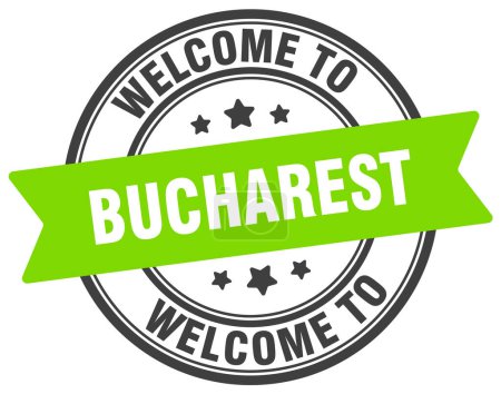 Téléchargez les illustrations : Bienvenue au timbre de Bucarest. Bucarest panneau rond isolé sur fond blanc - en licence libre de droit