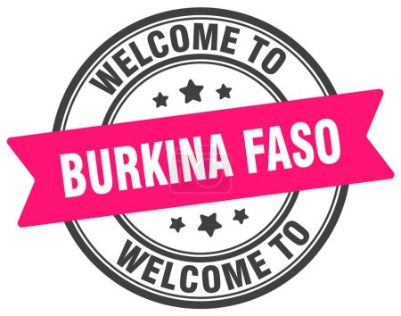 Téléchargez les illustrations : Bienvenue au Burkina Faso timbre. Burkina Faso panneau rond isolé sur fond blanc - en licence libre de droit