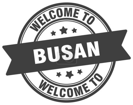 Téléchargez les illustrations : Bienvenue au timbre Busan. Panneau rond Busan isolé sur fond blanc - en licence libre de droit