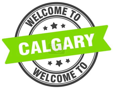 Téléchargez les illustrations : Bienvenue au timbre de Calgary. Panneau rond Calgary isolé sur fond blanc - en licence libre de droit
