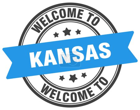 Téléchargez les illustrations : Bienvenue au Kansas Timbre. Panneau rond du Kansas isolé sur fond blanc - en licence libre de droit