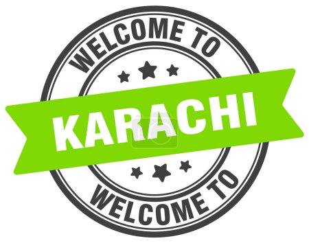 Téléchargez les illustrations : Bienvenue au timbre Karachi. Karachi panneau rond isolé sur fond blanc - en licence libre de droit