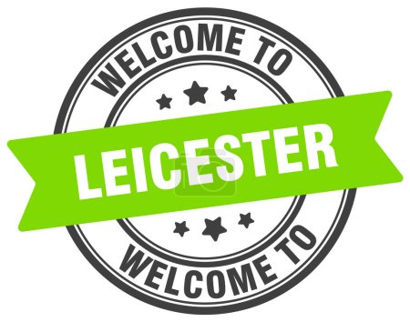 Téléchargez les illustrations : Bienvenue au timbre de Leicester. Panneau rond Leicester isolé sur fond blanc - en licence libre de droit