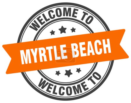 Téléchargez les illustrations : Bienvenue au timbre de Myrtle Beach. Myrtle Beach panneau rond isolé sur fond blanc - en licence libre de droit