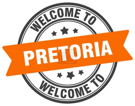 Willkommen bei der Briefmarke Pretoria. Pretoria rundes Schild isoliert auf weißem Hintergrund