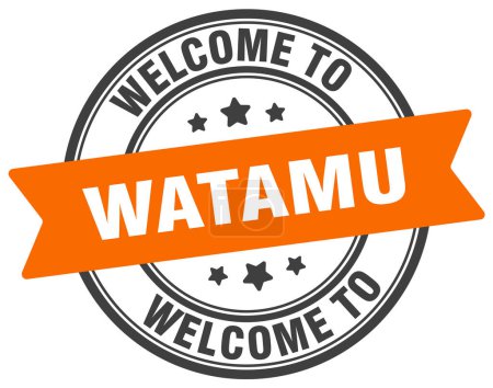 Téléchargez les illustrations : Bienvenue au timbre Watamu. Watamu panneau rond isolé sur fond blanc - en licence libre de droit