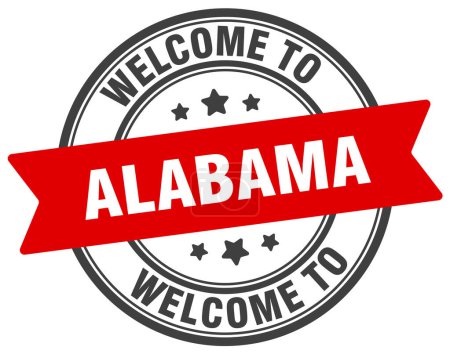 Téléchargez les illustrations : Bienvenue au timbre d'Alabama. Panneau rond en Alabama isolé sur fond blanc - en licence libre de droit