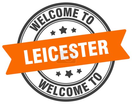 Téléchargez les illustrations : Bienvenue au timbre de Leicester. Panneau rond Leicester isolé sur fond blanc - en licence libre de droit