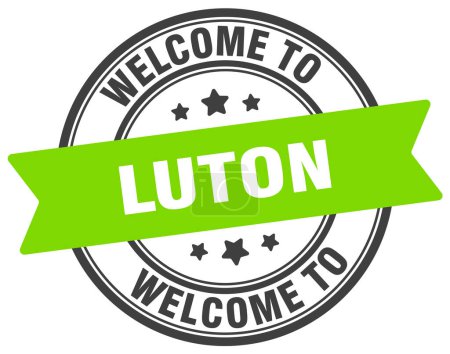 Téléchargez les illustrations : Bienvenue à Luton Timbre. Panneau rond Luton isolé sur fond blanc - en licence libre de droit