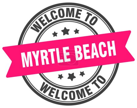 Téléchargez les illustrations : Bienvenue au timbre de Myrtle Beach. Myrtle Beach panneau rond isolé sur fond blanc - en licence libre de droit