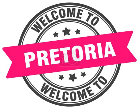 Willkommen bei der Briefmarke Pretoria. Pretoria rundes Schild isoliert auf weißem Hintergrund