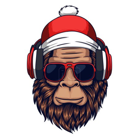 Téléchargez les illustrations : Bigfoot saison de la tête de Noël portant une illustration vectorielle casque - en licence libre de droit