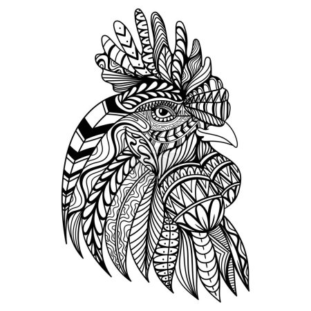 Téléchargez les illustrations : Rooster chicken head mandala zentangle coloring page illustration - en licence libre de droit