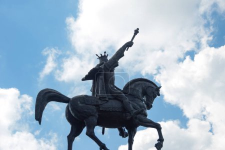 Majestic Equestrian Statue of Stephen the Great (Stefan cel Mare) Against a Clear Blue Sky, Suceava, Romania