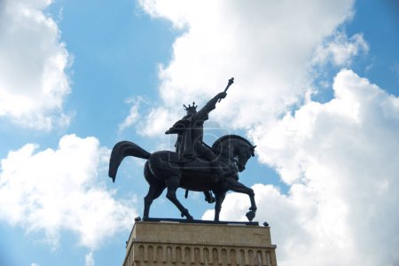 Majestic Equestrian Statue of Stephen the Great (Stefan cel Mare) Against a Clear Blue Sky, Suceava, Romania