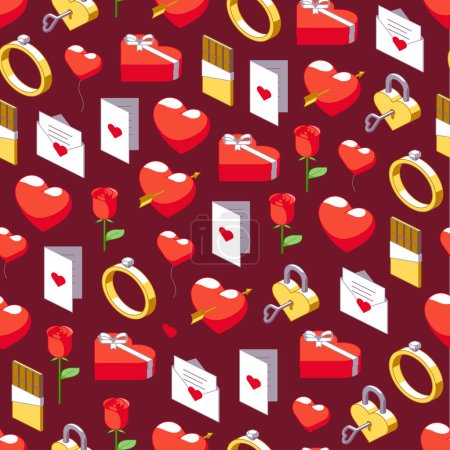 Seamless pattern of love related isometric icons on red background