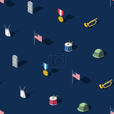 Illustration for Isometric Memorial day seamless pattern on dark blue background - Royalty Free Image