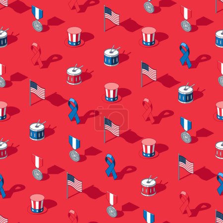 Illustration for Patriotic US independence day seamless pattern on red background - Royalty Free Image
