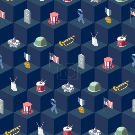 Illustration for Colorful isometric US memorial day on blue geometric background - Royalty Free Image