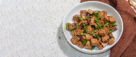 Téléchargez les photos : Tofu tériyaki frit aux oignons verts et graines de sésame. Repas végétalien sain sans viande riche en protéines et en calcium. Lumière dure tendance, ombre sombre, fond de plâtre, format de bannière - en image libre de droit
