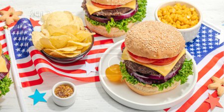 Photo for Homemade burgers. An American classic, traditional food for picnic, party or celebration Independence Day. Hard light, dark shadow, flat lay, white wooden background, banner format - Royalty Free Image