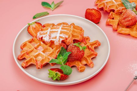 Téléchargez les photos : Homemade Belgian Waffles with strawberries. Gluten-free red dessert, fresh fruits and basil. Sweet sugar powder, trendy pink background, close up - en image libre de droit
