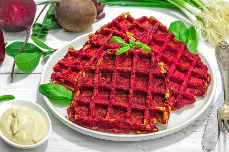 Photo for Homemade beetroot Belgian waffles with sauce. Gluten free vegan food with vegetables. Trendy hard light, dark shadow, white wooden background, close up - Royalty Free Image