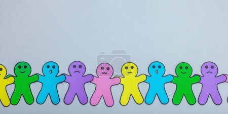 Photo for World mental health day. Paper men figures with different emotions. Feedback rating, customer review, experience, satisfaction survey or assessment concept. Neutral gray background, flat lay, banner - Royalty Free Image