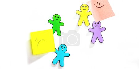 Photo for World mental health day. Paper men figures with different emotions. Feedback rating, customer review, experience, satisfaction survey or assessment concept, flat lay, white wall, banner format - Royalty Free Image