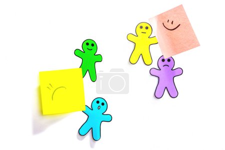 Photo for World mental health day. Paper men figures with different emotions. Feedback rating, customer review, experience, satisfaction survey or assessment concept, flat lay, white wall - Royalty Free Image